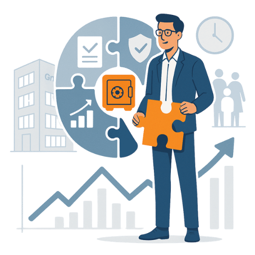 Unternehmer hält ein Puzzleteil als Teil seines Vermögensaufbaus und steht vor Symbolen für Sicherheit, Immobilien, Wachstum und finanzielle Planung.