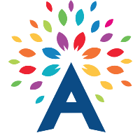 Kleines farbenfrohes Logo mit einem blauen A und umliegenden bunten Blattformen.