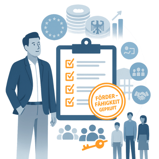 Illustration eines Beraters vor einem Prüfprotokoll mit Förderfähigkeit-Stempel und Symbolen für Finanzen, Förderung und Unternehmensentwicklung.